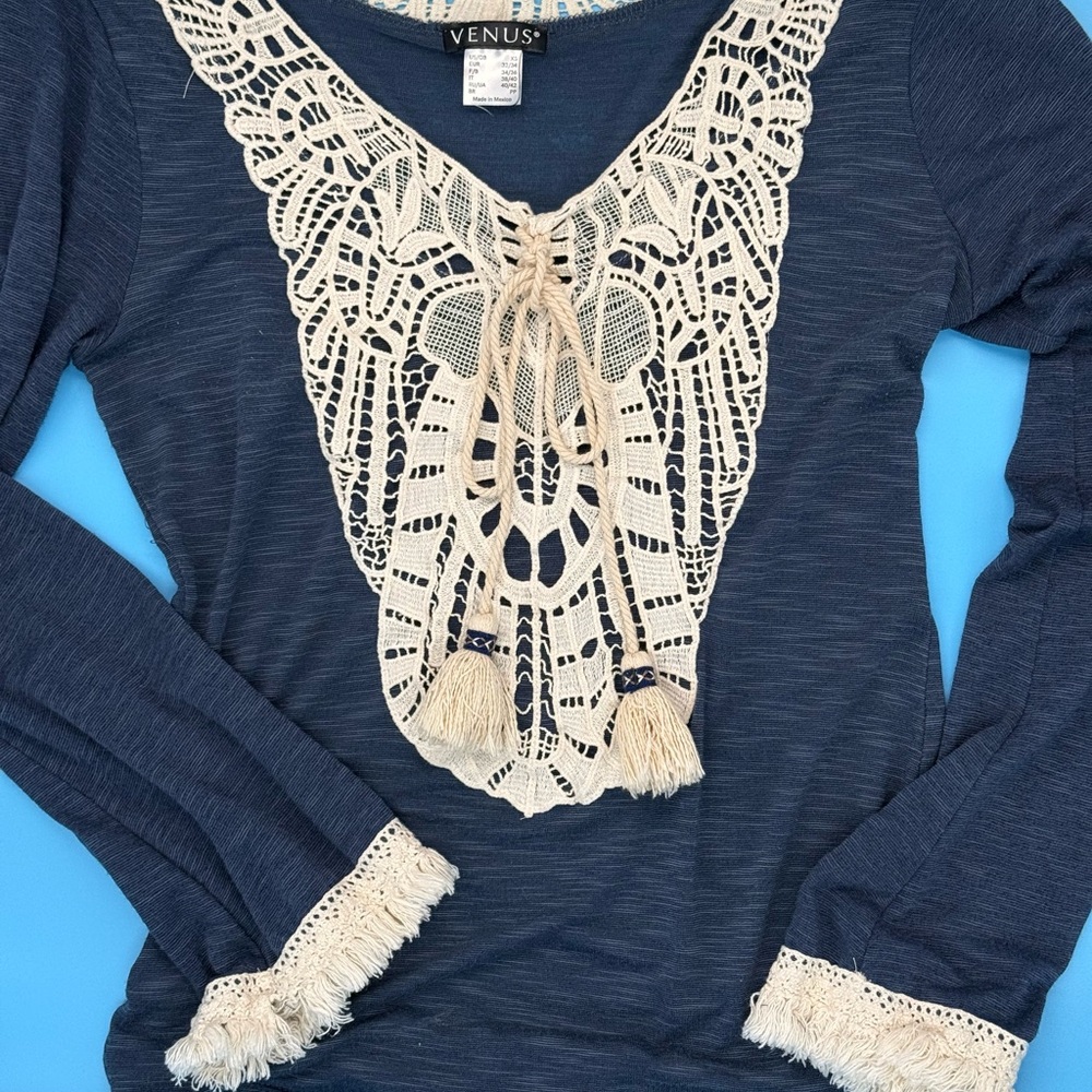 VENUS Deep Blue Top with Cream Lace Accents